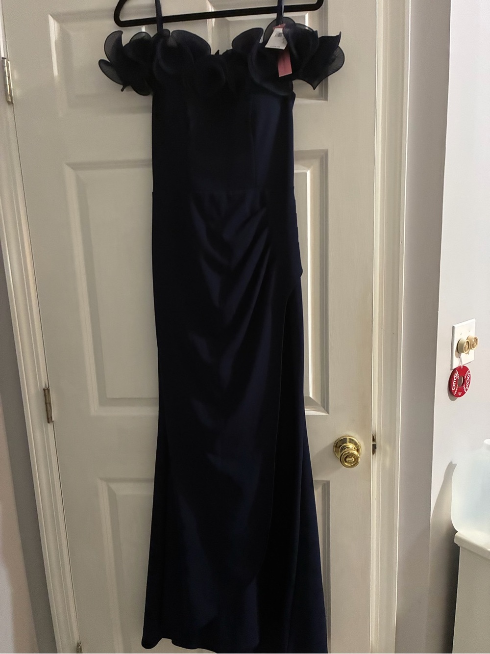 Bloomingdale's Navy Strapless Ruffle Evening Gown